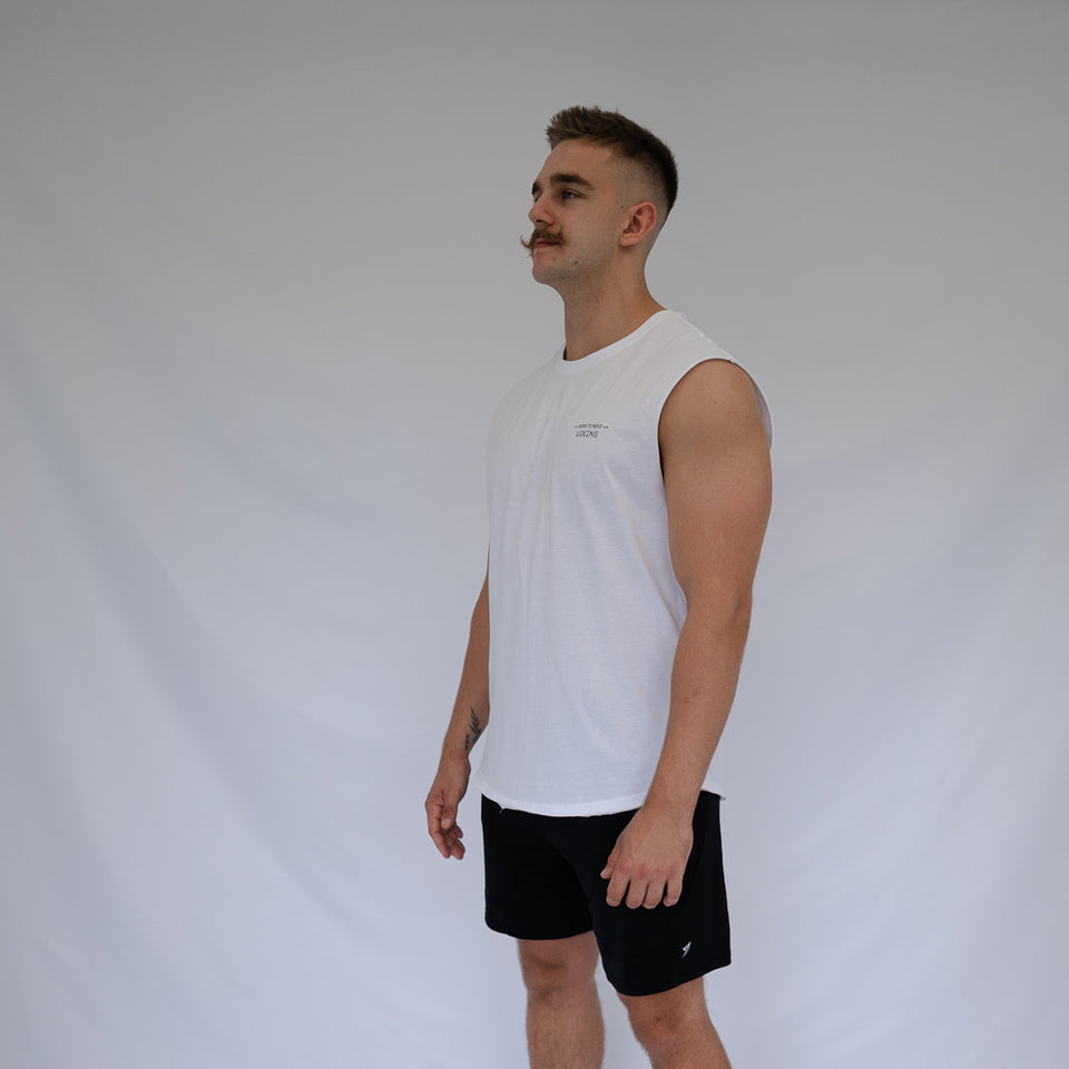 BORN TO MOVE SLEEVELESS TEE (White) - Viking Fitness Project