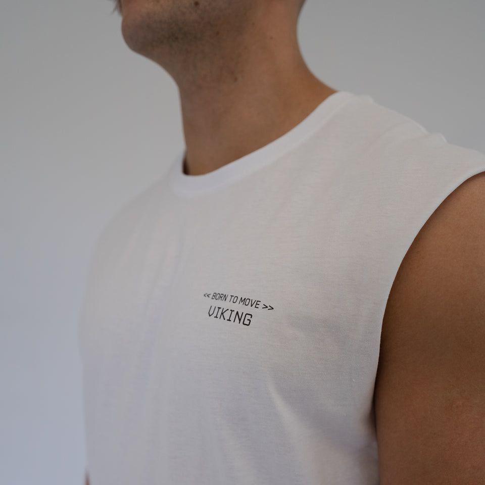 BORN TO MOVE SLEEVELESS TEE (White) - Viking Fitness Project