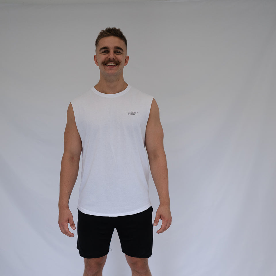BORN TO MOVE SLEEVELESS TEE (White) - Viking Fitness Project
