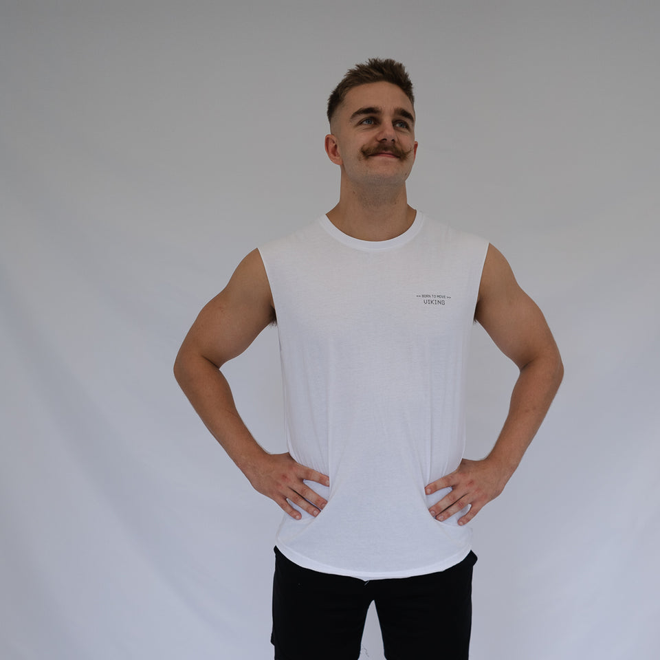 BORN TO MOVE SLEEVELESS TEE (White) - Viking Fitness Project