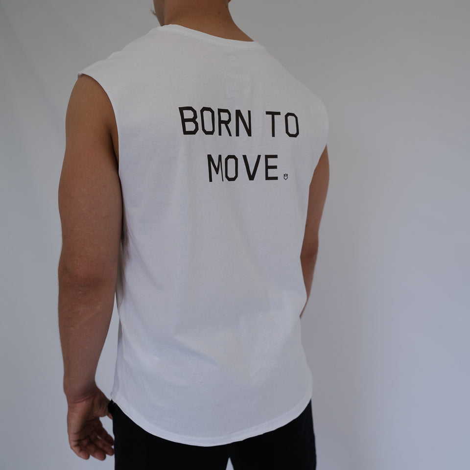 BORN TO MOVE SLEEVELESS TEE (White) - Viking Fitness Project